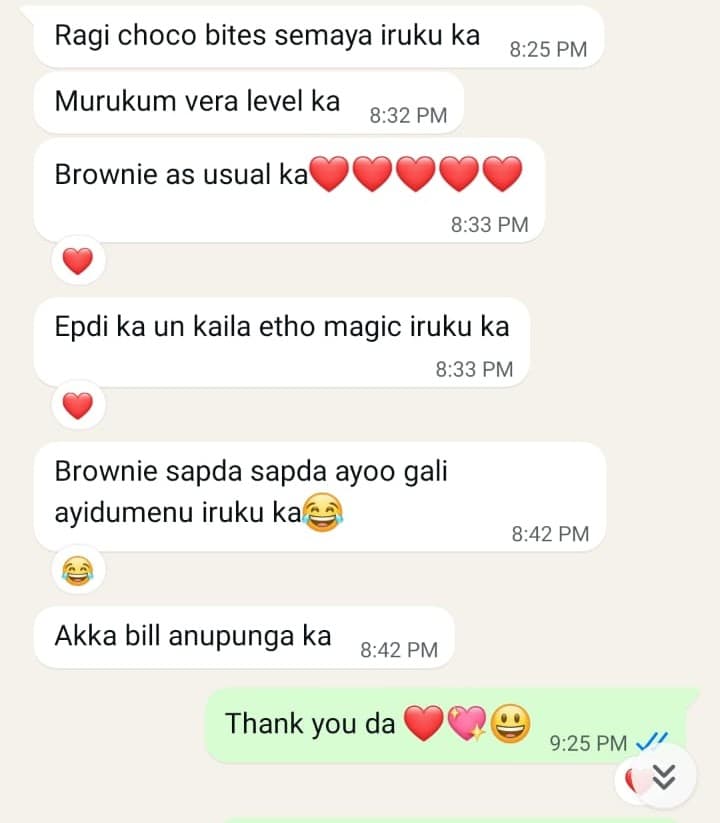 Verified WhatsApp customer feedback for Arogya Bakes & Foods